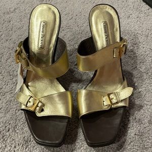 Cesare Paciotti gold and brown wedges NWT